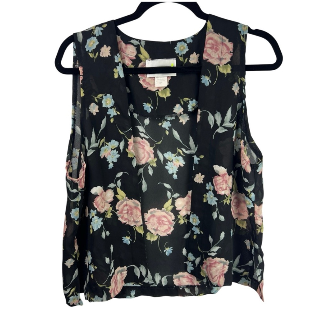 Stacey! Black Sheer Floral Open Front Vest Blouse, Vintage USA Made 8P, Romantic